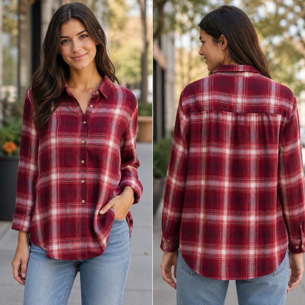 Jachs Girlfriend Large Red Plaid Button Down Long Sleeve Flannel Autumn Layering